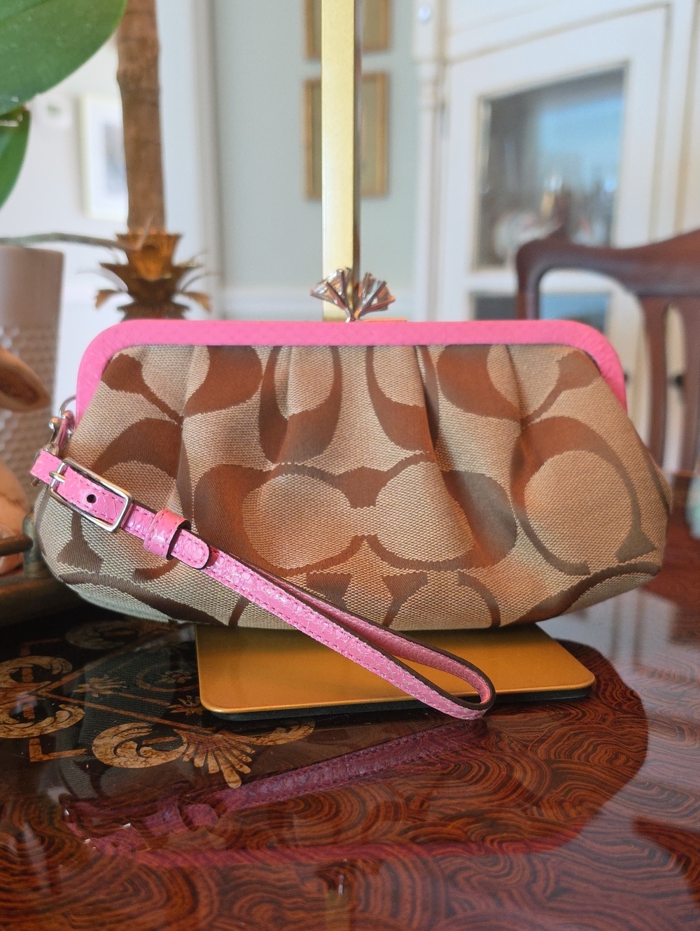 Rare Coach PINK & Brown Signature Canvas Wristlet Pink Trim Snakeskin Trim NWOT